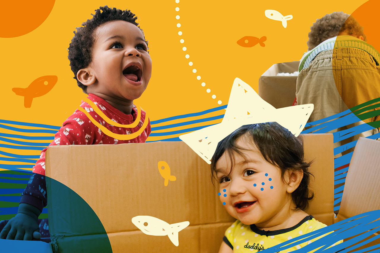 Colagem digital de beb&ecirc;s brincando com materiais de largo alcance.