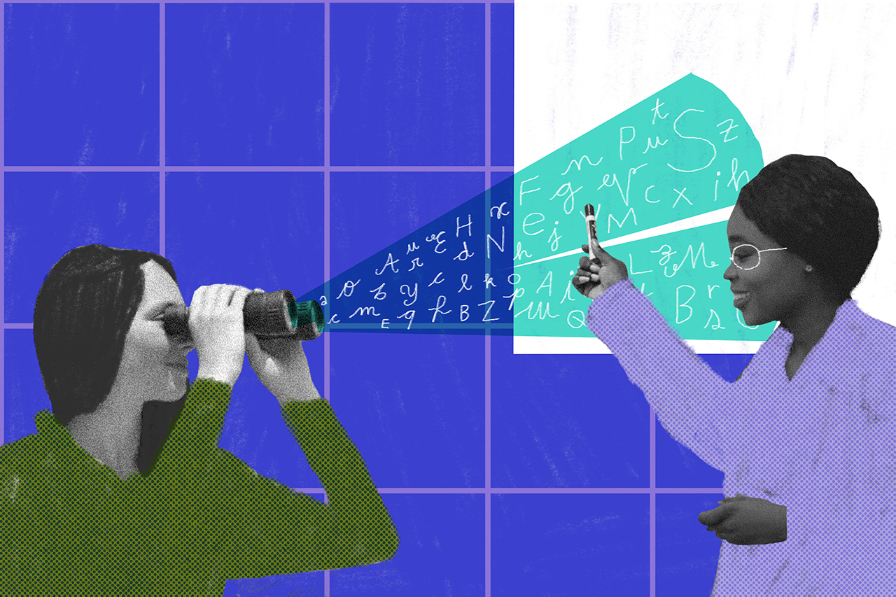 Ilustra&ccedil;&atilde;o feita a partir de colagens de professora de alfabetiza&ccedil;&atilde;o observando aluna no processo educacional.