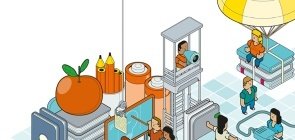 Ilustração com bonequinhos montando uma sala de aula