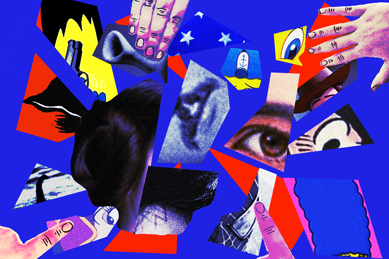 Ilustra&ccedil;&atilde;o abstrata de recortes de personagens sobre fundo azul.