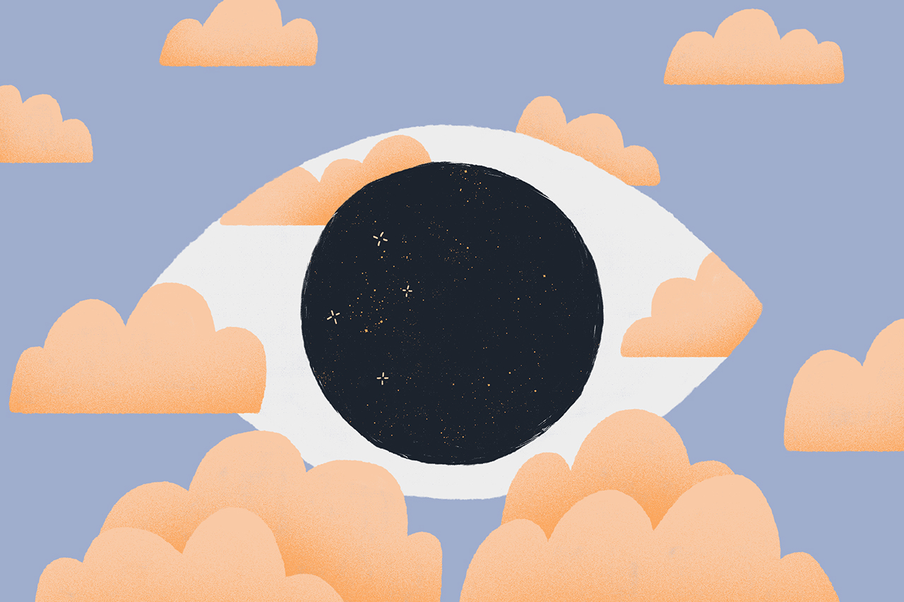 Ilustra&ccedil;&atilde;o abstrata de olho gigante atr&aacute;s das nuvens.