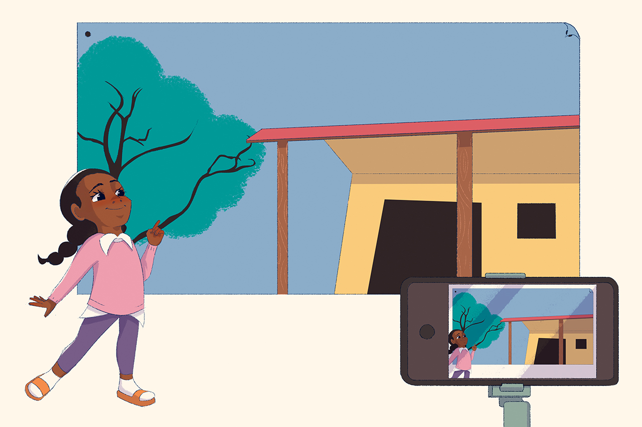 Ilustra&ccedil;&atilde;o de aluna mostrando uma fotografia em frente ao celular que a est&aacute; gravando.