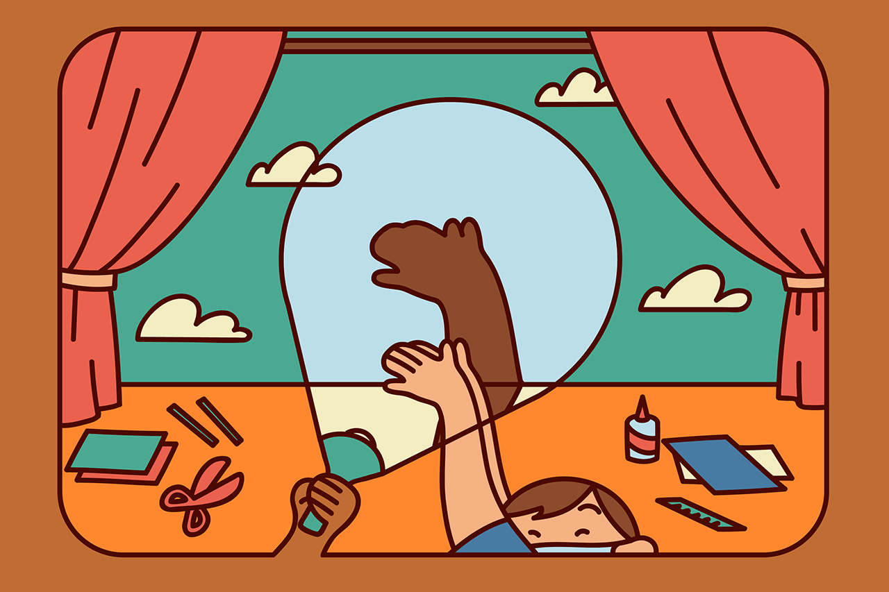 Ilustra&ccedil;&atilde;o de duas crian&ccedil;as brincando com a luz e a sombra gerada a partir de uma lanterna