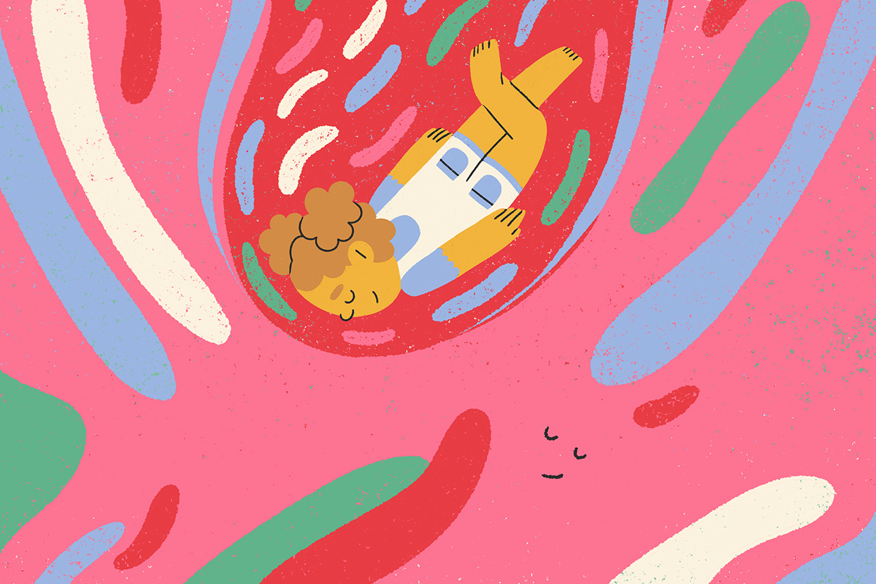 Ilustra&ccedil;&atilde;o de crian&ccedil;a mergulhando abstratamente em seus pr&oacute;prios sentimentos.