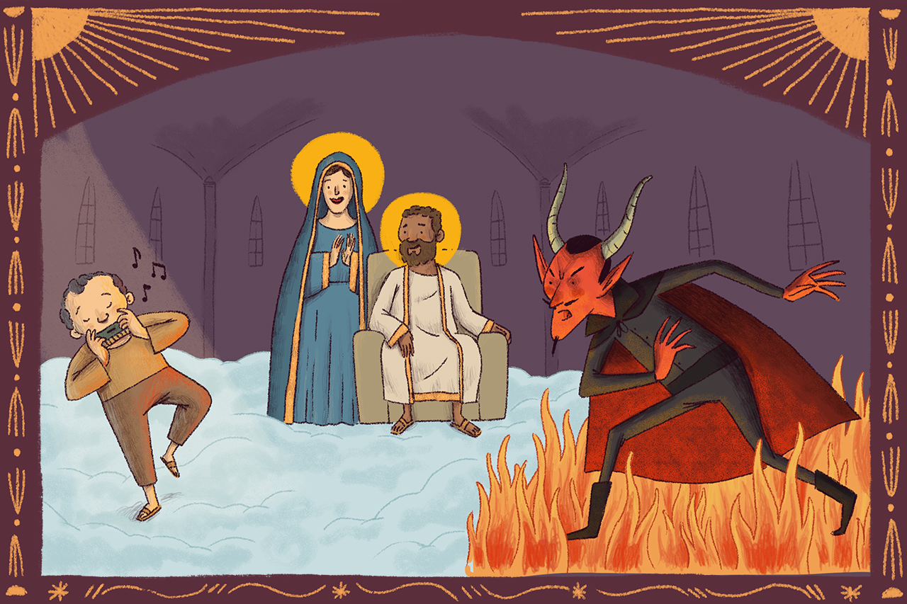 Ilustra&ccedil;&atilde;o figurativa em homenagem ao livro O Auto da Compadecida. Cena da morte.