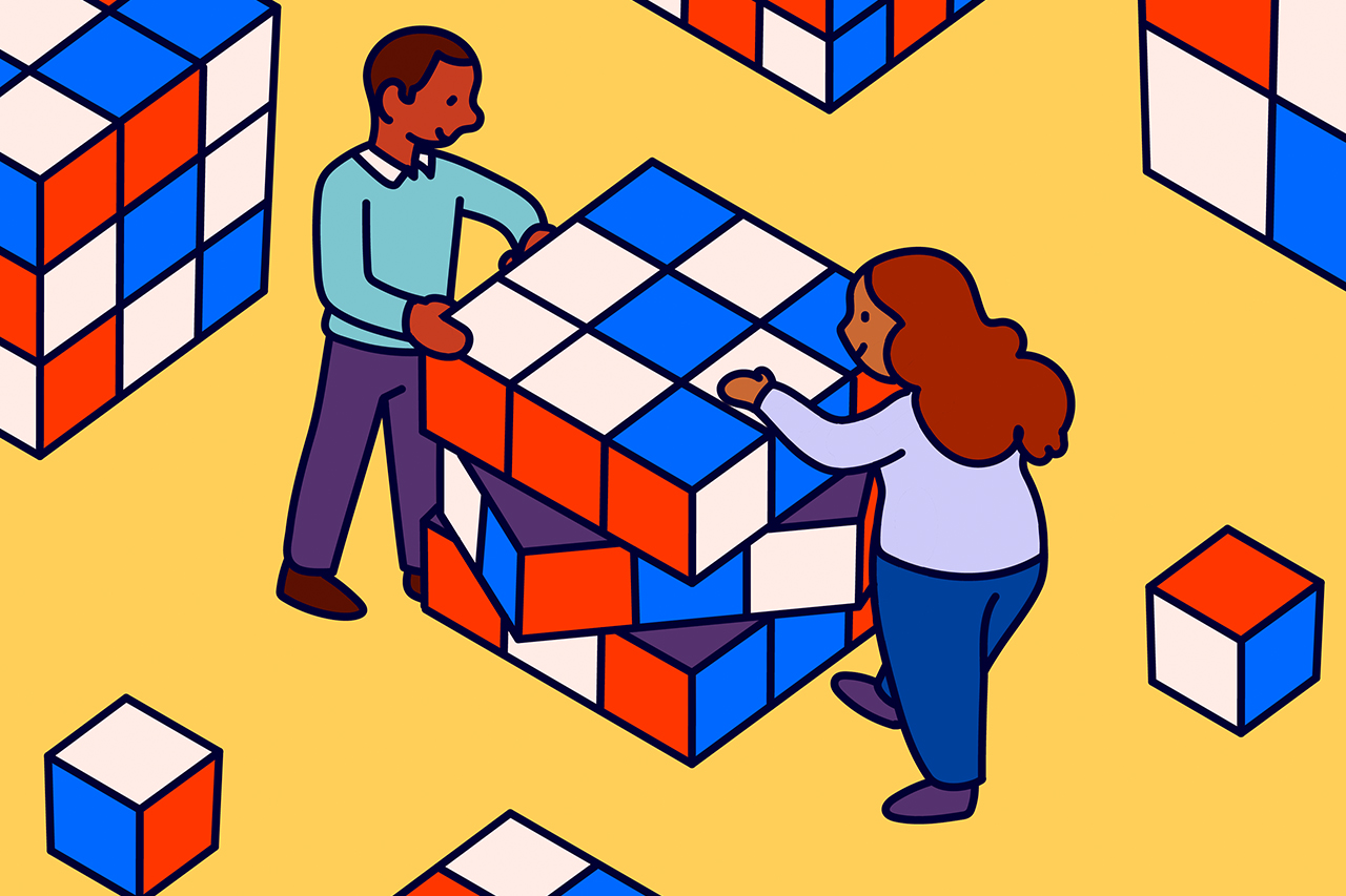 Ilustra&ccedil;&atilde;o abstrata de professores e gestores resolvendo um cubo m&aacute;gico gigante.