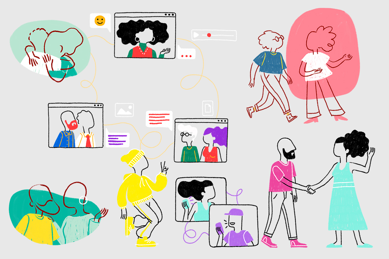 Ilustra&ccedil;&atilde;o abstrata de professores, gestores, alunos e pais interagindo.