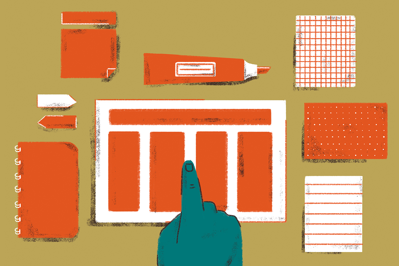 Ilustra&ccedil;&atilde;o de calend&aacute;rio sobre mesa com outros objetos de estudo espalhados.