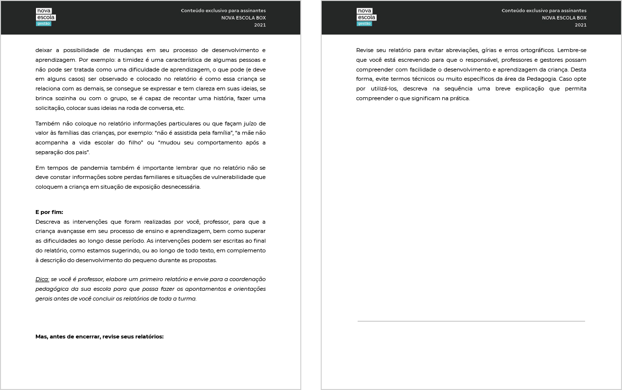 P&aacute;ginas 3 e 4 do relat&oacute;rio para avalia&ccedil;&atilde;o na educa&ccedil;&atilde;o infantil.