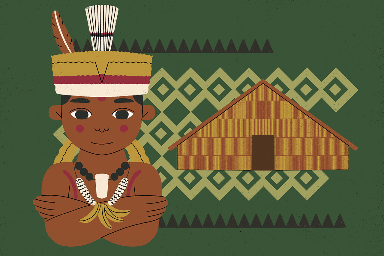 Ilustra&ccedil;&atilde;o de um ind&iacute;gena em primeiro plano com alguns elementos culturais ao fundo.