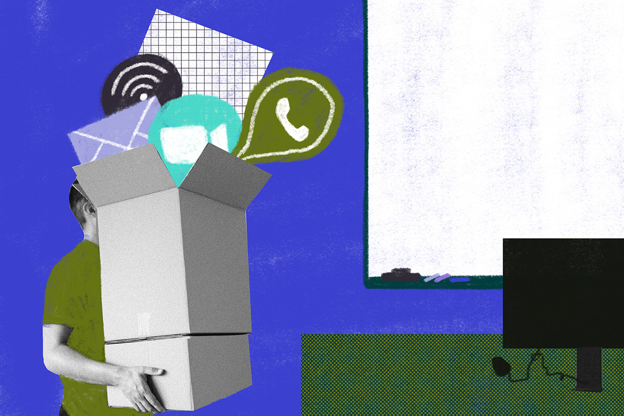 Ilustra&ccedil;&atilde;o feita a partir de colagens de professor segurando caixa com &iacute;cones de whatsapp, zoom e wifi.