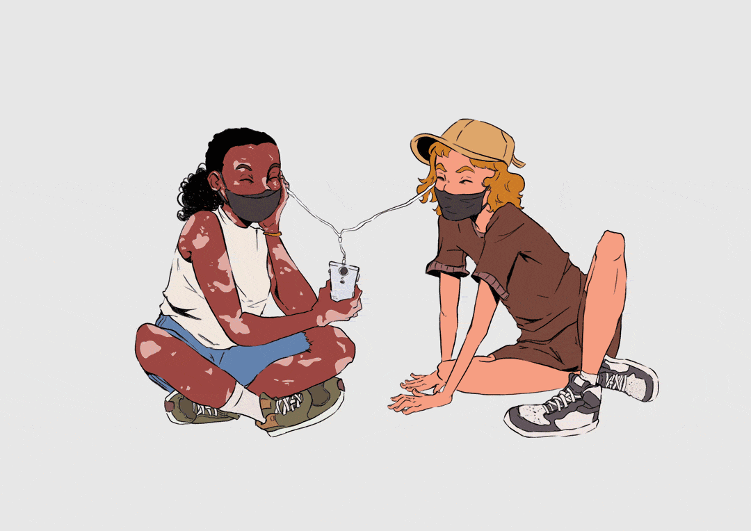 Ilustra&ccedil;&atilde;o animada de alunos do ensino fundamental 2, compartilhando fones de ouvido, em momento de acolhimento.