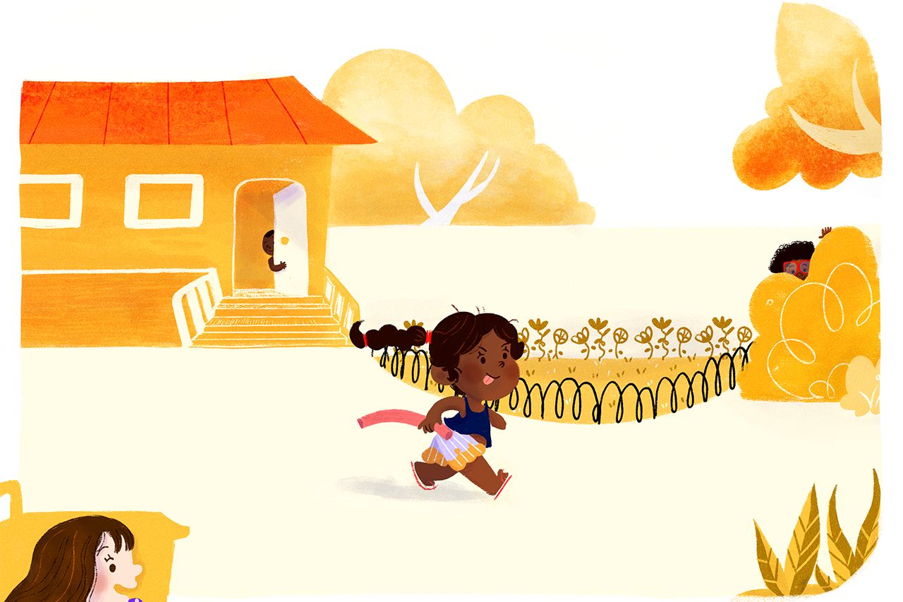 Ilustra&ccedil;&atilde;o de crian&ccedil;as brincando de pegar no parque da escola.