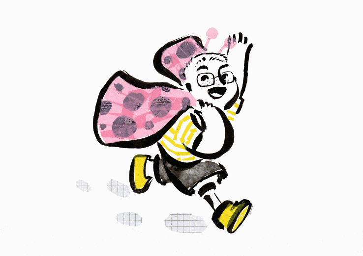 Anima&ccedil;&atilde;o de menino imitando uma joaninha no jardim.