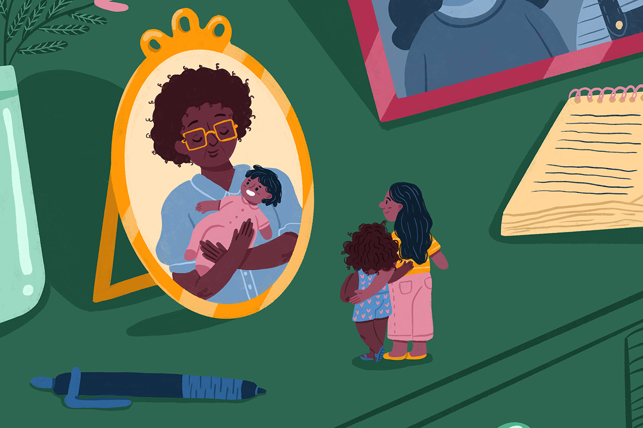 Ilustra&ccedil;&atilde;o abstrata de m&atilde;e e filha olhando para porta retrato com foto da av&oacute; segurando a m&atilde;e quando beb&ecirc;.