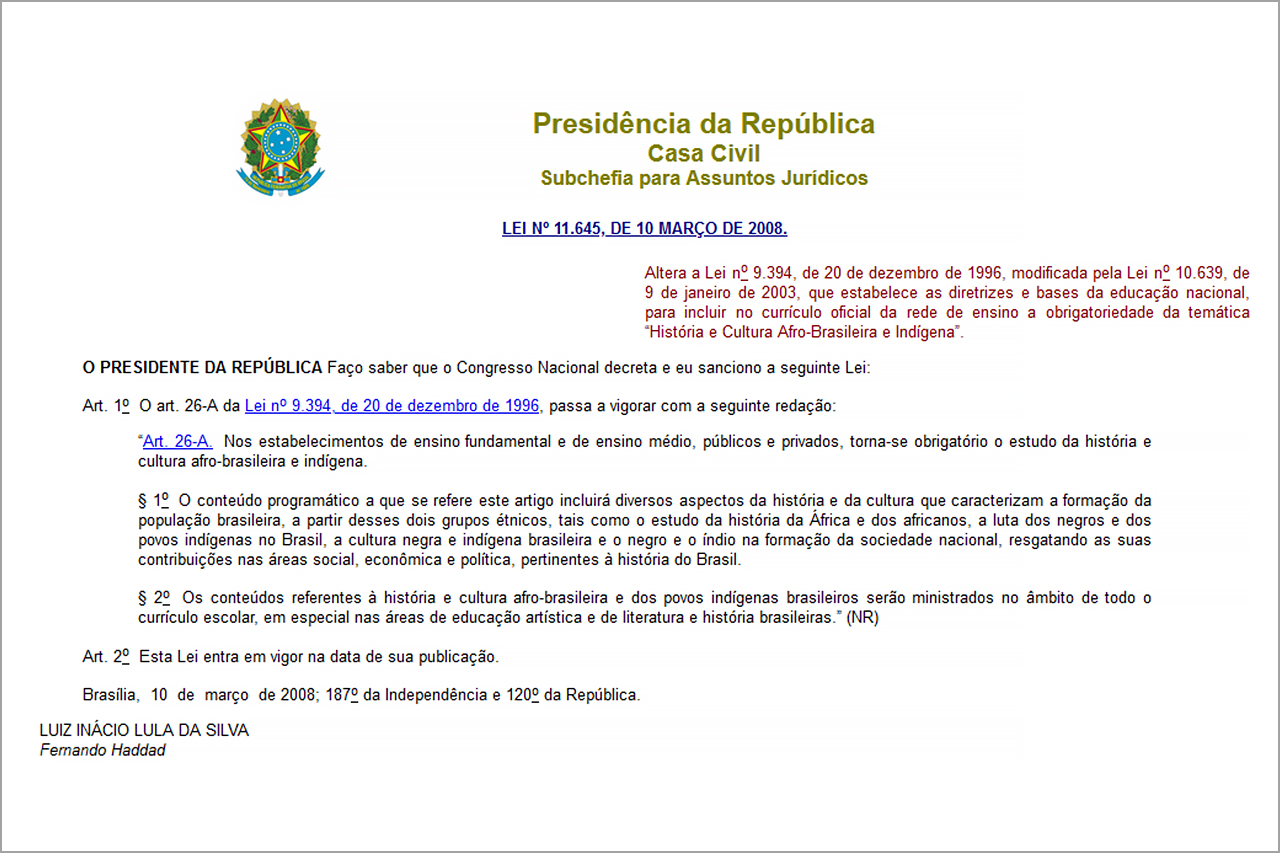 Reprodu&ccedil;&atilde;o da Lei n&ordm; 11.645/08