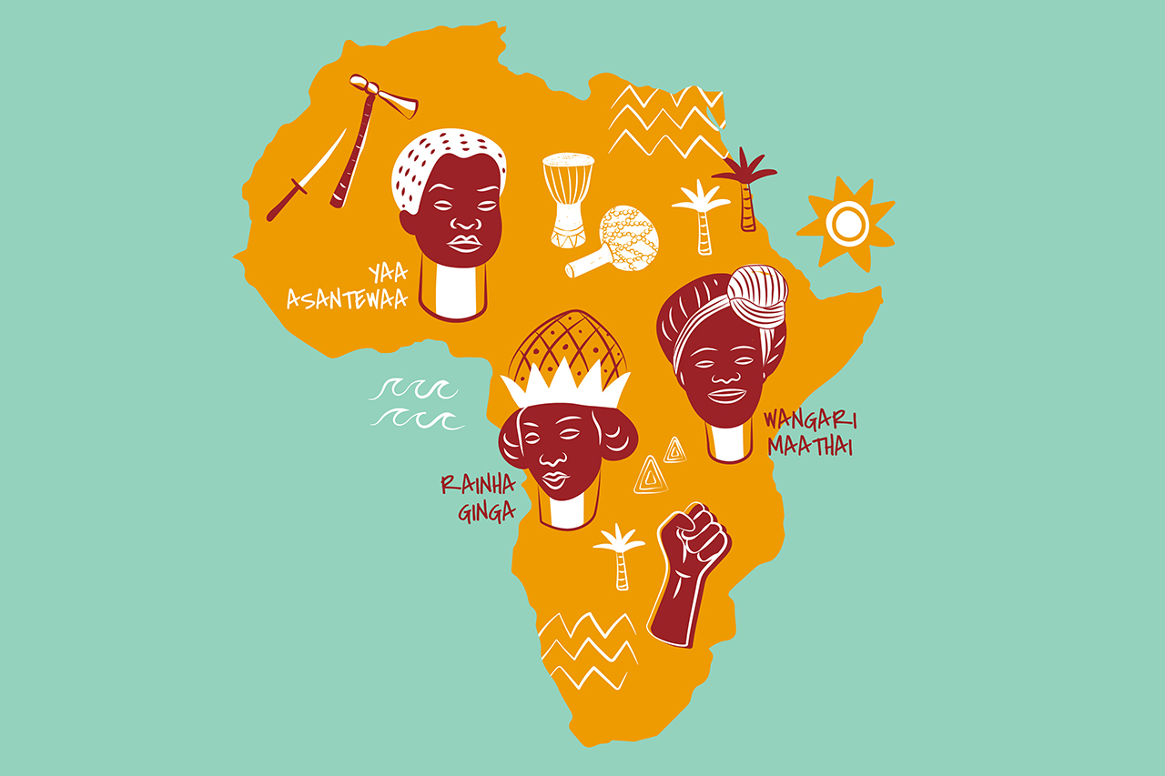 Ilustra&ccedil;&atilde;o do continente africano com indica&ccedil;&otilde;es de personagens e objetos em algumas localidades.