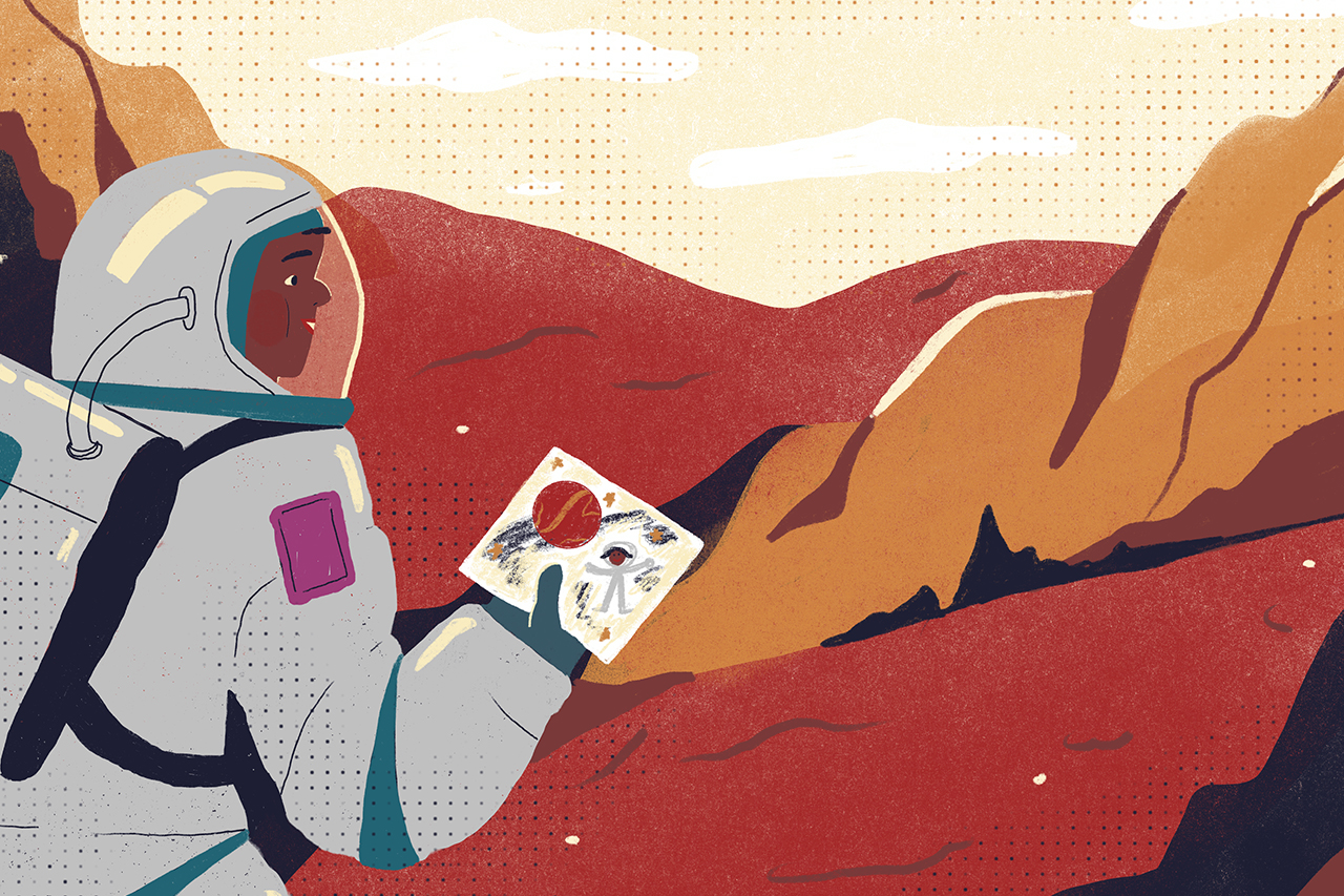 Ilustra&ccedil;&atilde;o de astronauta com um desenho em m&atilde;os olhando para a superf&iacute;cie de marte.