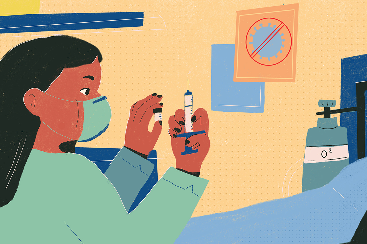 Ilustra&ccedil;&atilde;o de m&eacute;dica/enfermeira com ampola vacina do coronav&iacute;rus em m&atilde;os.