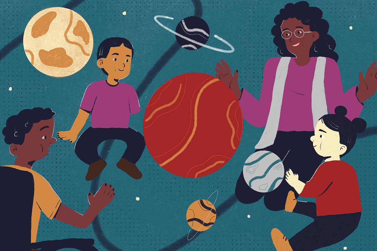 Ilustra&ccedil;&atilde;o de roda de conversa entre alunos e professora em ambiente abstrato com planetas ao redor.