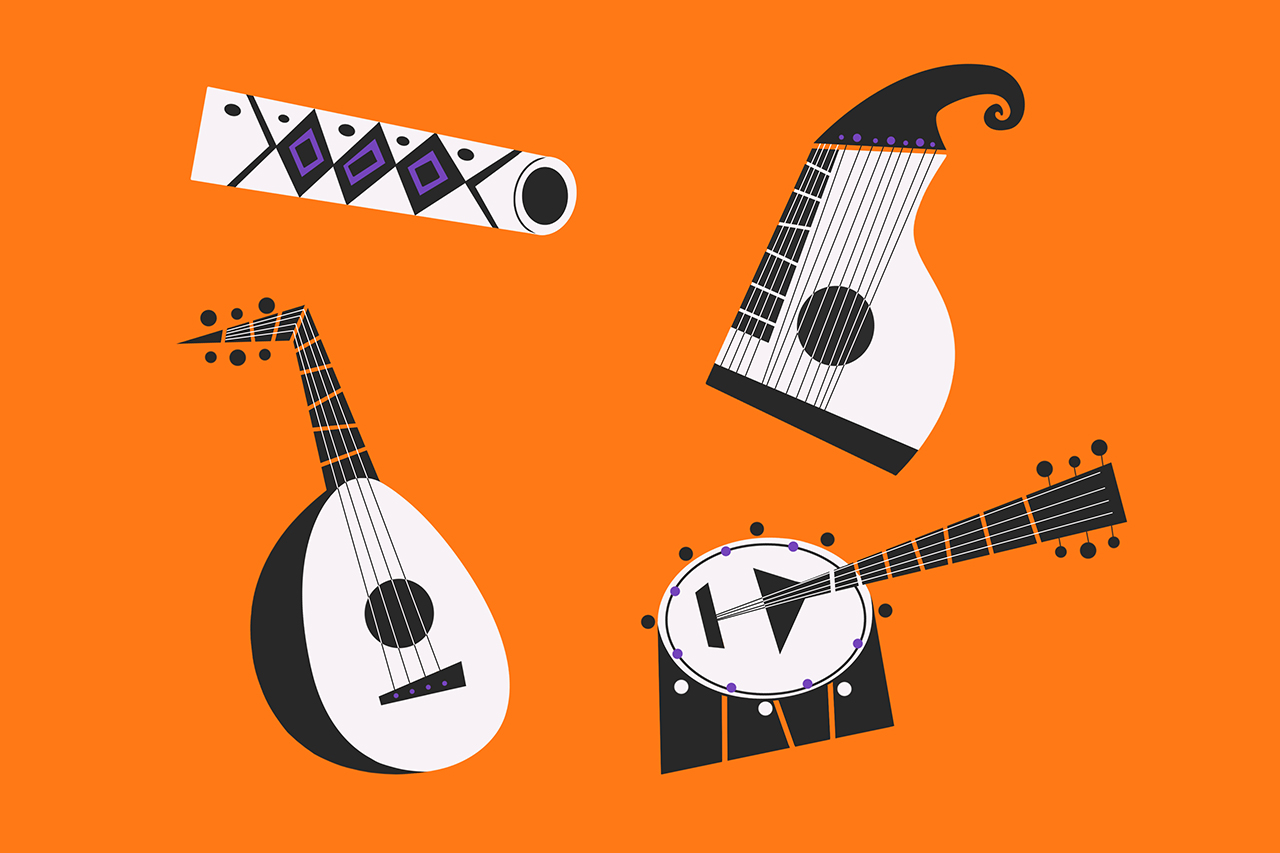 Ilustra&ccedil;&atilde;o de instrumentos musicais tradicionais e regionais.