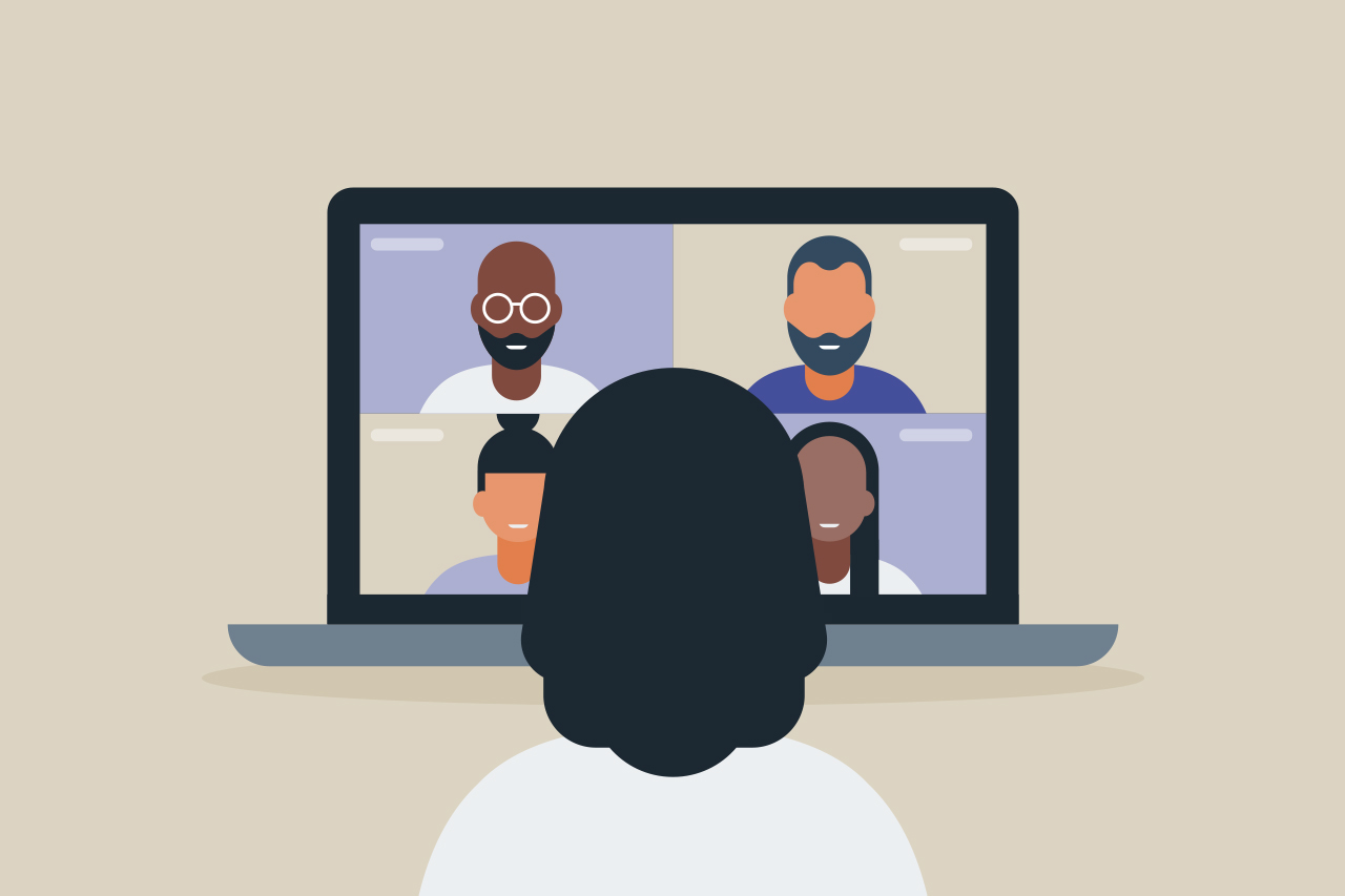 Ilustra&ccedil;&atilde;o de coordenadora em v&iacute;deo chamada com equipe docente.