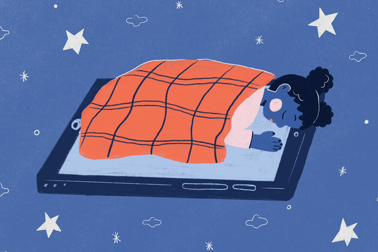 Ilustra&ccedil;&atilde;o abstrata de crian&ccedil;a deitada sobre celular gigante, dormindo com cobertor.