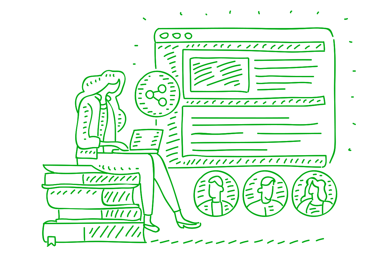 Ilustra&ccedil;&atilde;o de mulher sentada sobre livros olhando para o computador. Gr&aacute;ficos e planilhas decoram o fundo.