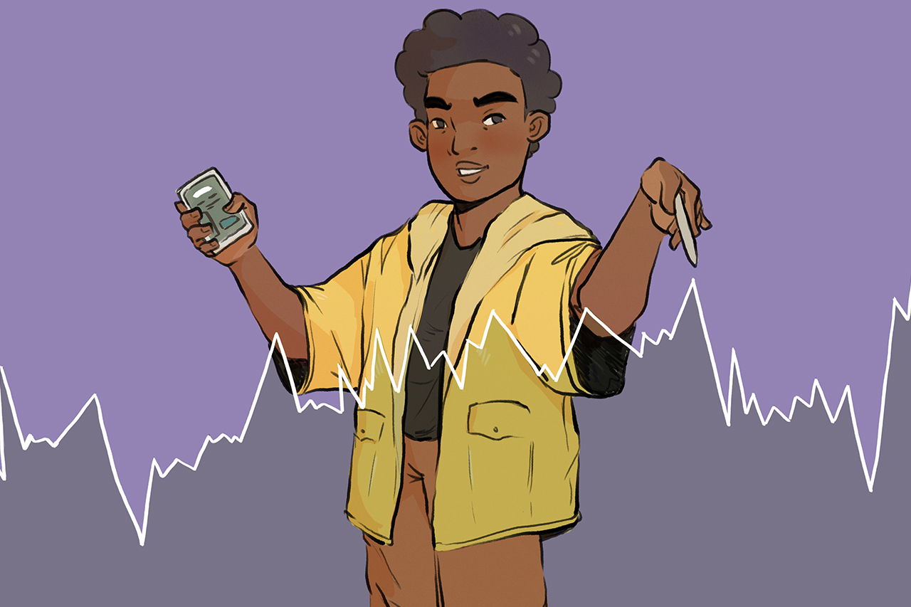 Ilustra&ccedil;&atilde;o abstrata de professor em frente a gr&aacute;ficos flutuando.