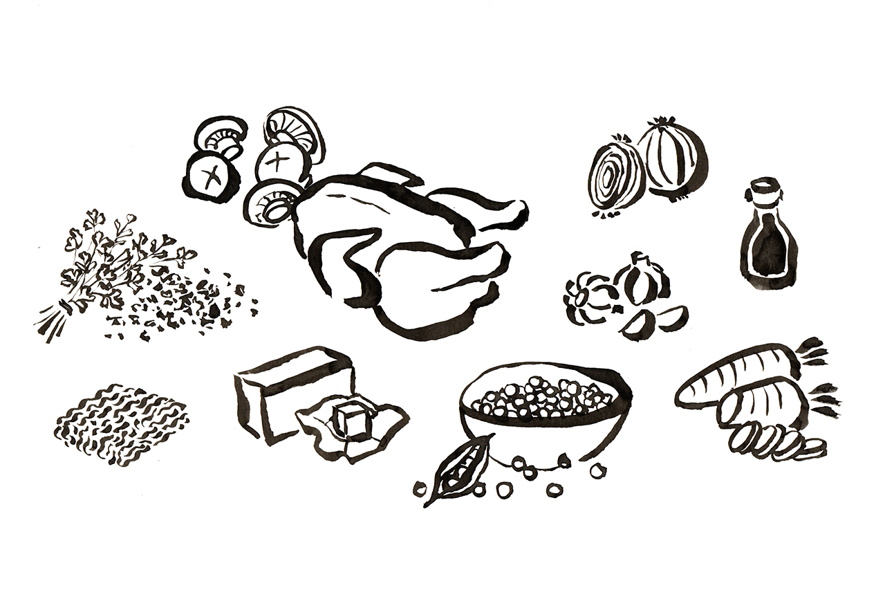 Ilustra&ccedil;&atilde;o feita a partir de t&eacute;cnica de caligrafia tradicional japonesa/chinesa representando os alimentos mais usados na culin&aacute;ria chinesa.