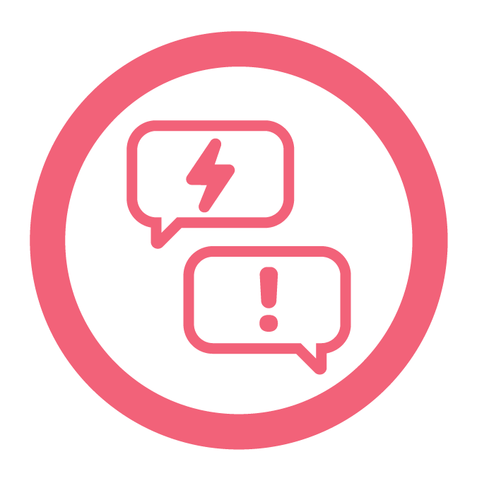 Em um fundo branco, dois &iacute;cones de bal&atilde;o de di&aacute;logo, um com um raio e outro com um ponto de exclama&ccedil;&atilde;o