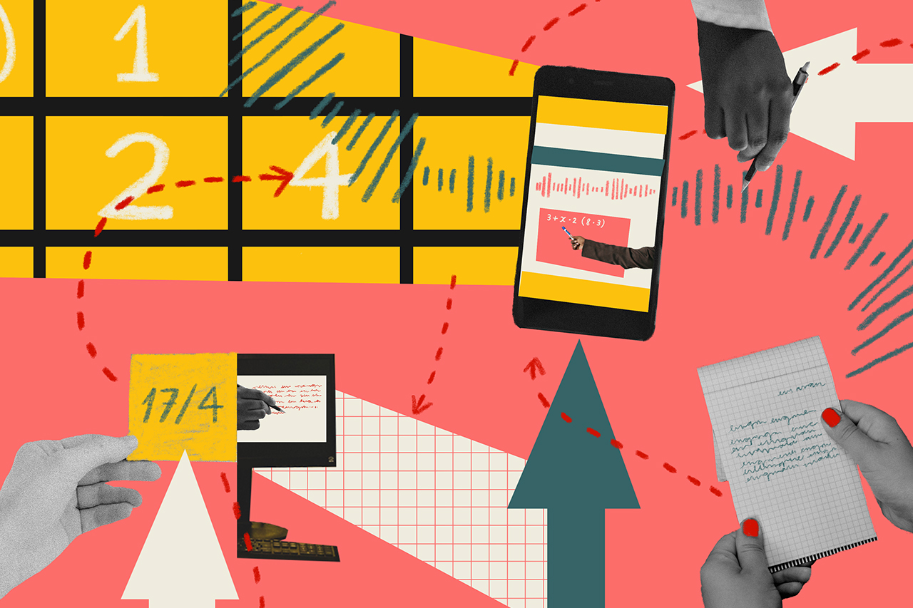 Ilustra&ccedil;&atilde;o feita a partir de colagem digital com m&atilde;os fazendo anota&ccedil;&otilde;es em cadernos, folhas de papel e celulares.