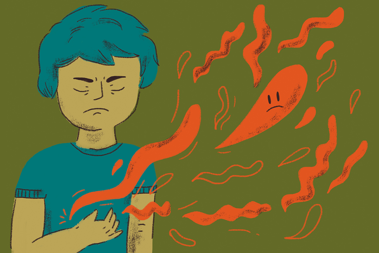 Ilustra&ccedil;&atilde;o abstrata de crian&ccedil;a com dor de barriga.