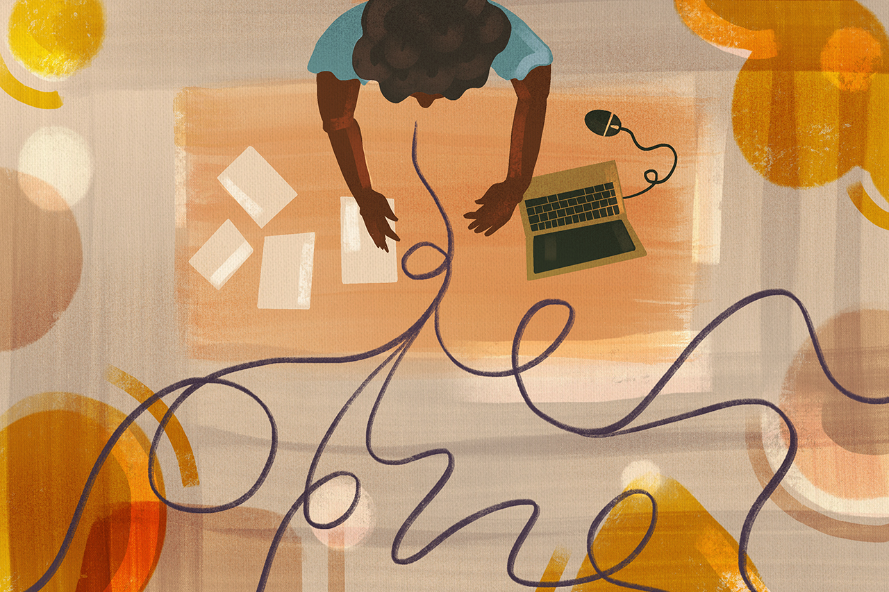 Ilustra&ccedil;&atilde;o digital simulando pintura manual de professora sentada em frente ao computador aplicando uma avalia&ccedil;&atilde;o diagn&oacute;stica.