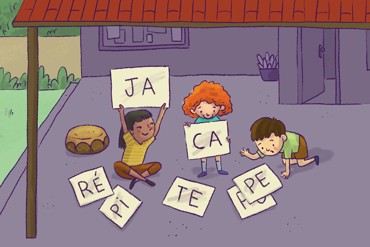 Ilustra&ccedil;&atilde;o de crian&ccedil;as escrevendo s&iacute;labas e palavras que s&atilde;o heran&ccedil;a ind&iacute;gena na l&iacute;ngua portuguesa.