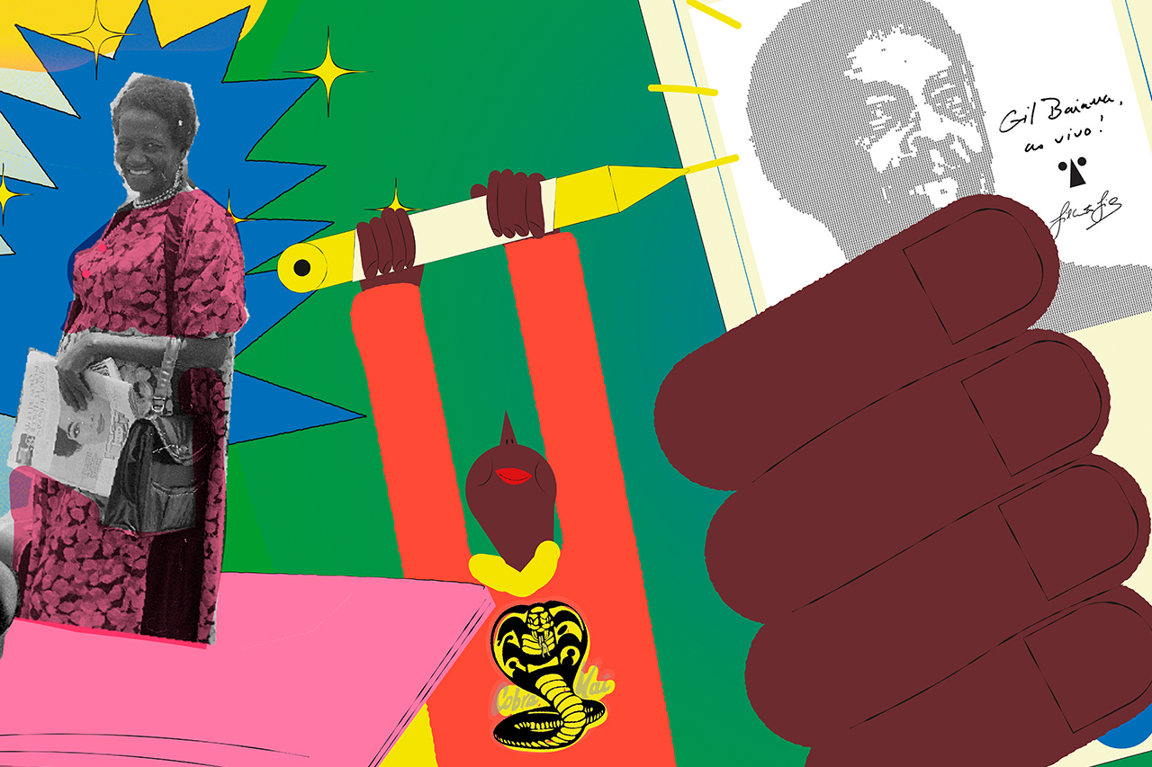 Ilustra&ccedil;&atilde;o de personagens do audiovisual e famosos sobre fundo abstrato.