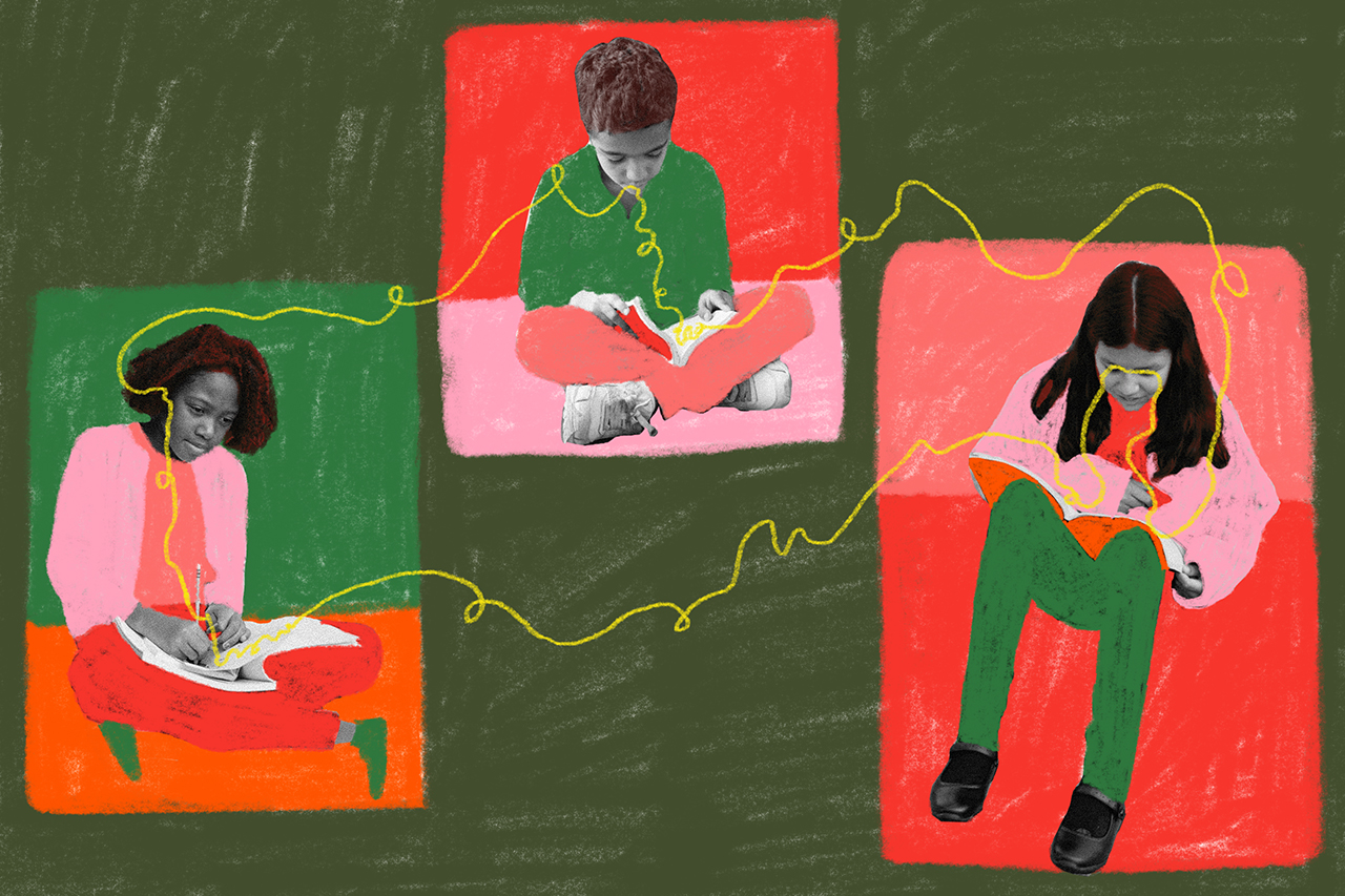 Ilustra&ccedil;&atilde;o de 3 crian&ccedil;as lendo cada uma um livro, enquanto elementos gr&aacute;ficos mostram o compartilhamento na leitura.