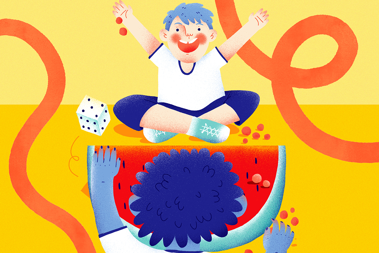 Ilustra&ccedil;&atilde;o de crian&ccedil;as brincando com o jogo da melancia.