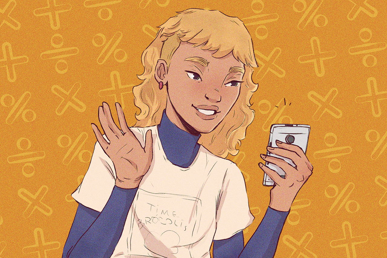 Ilustra&ccedil;&atilde;o de aluna com celular em m&atilde;os.