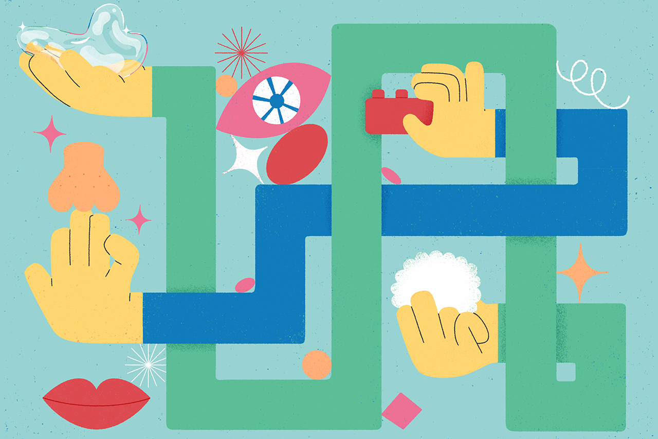 Ilustra&ccedil;&atilde;o abstrata representando os 5 sentidos na educa&ccedil;&atilde;o infantil.