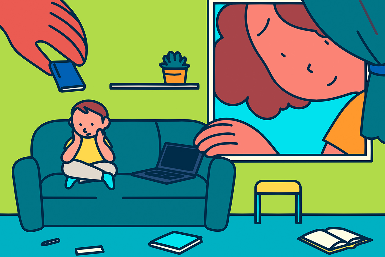 Ilustra&ccedil;&atilde;o de professora olhando pela janela da casa de um aluno que est&aacute; sentado em seu sof&aacute; desanimado.