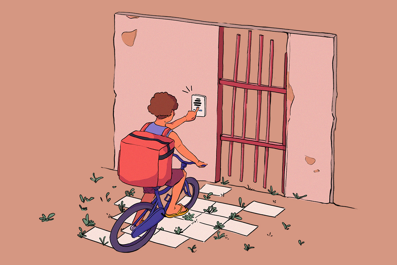 Ilustra&ccedil;&atilde;o de entregador de comida por aplicativo em frente a um port&atilde;o.