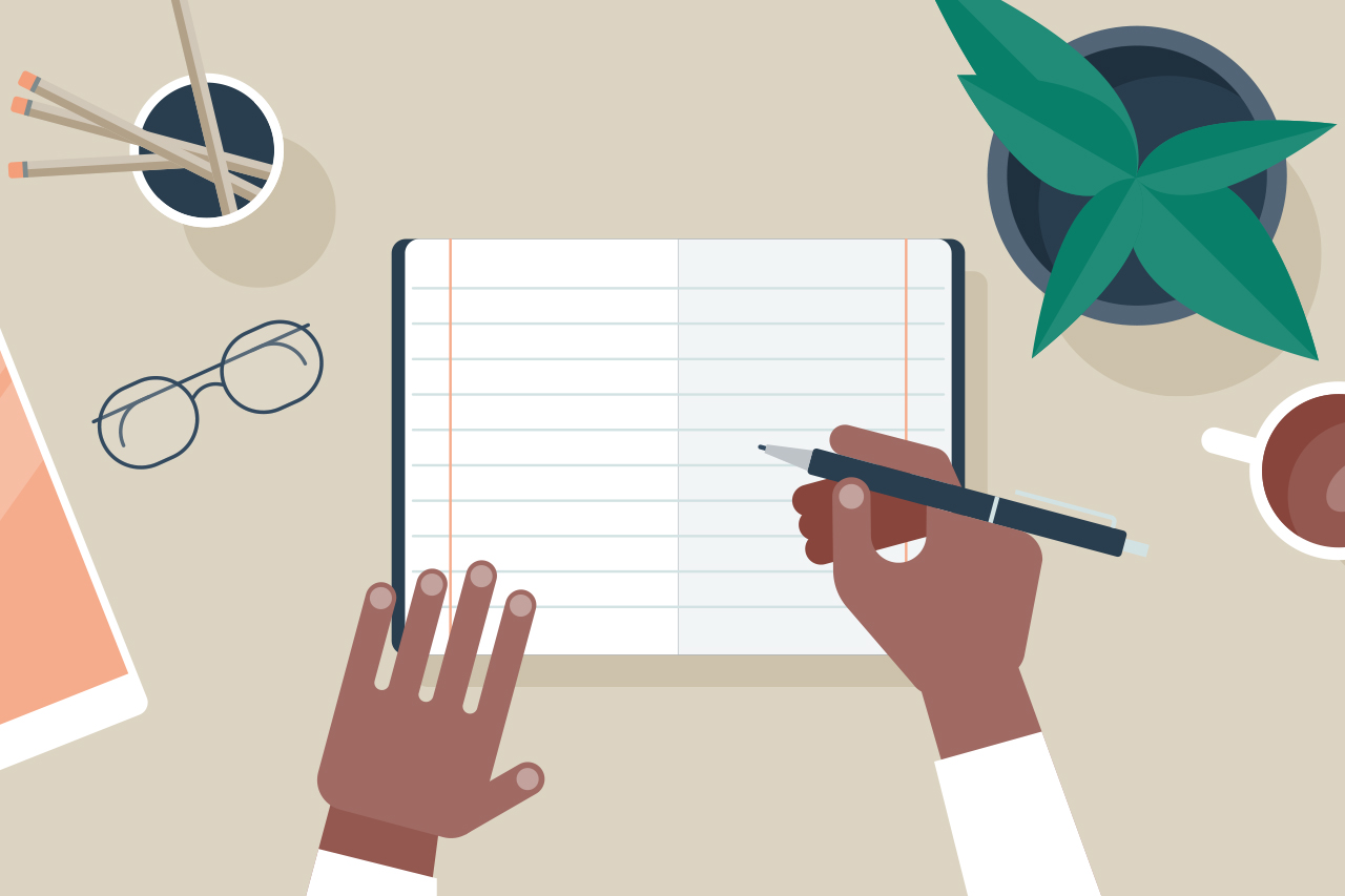 Ilustra&ccedil;&atilde;o com vista superior de mesa de trabalho com cadernos, objetos de estudo e m&atilde;os trabalhando.