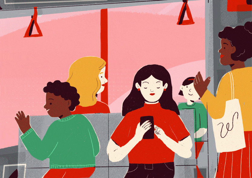 Ilustra&ccedil;&atilde;o animada de personagens dentro de um &ocirc;nibus.