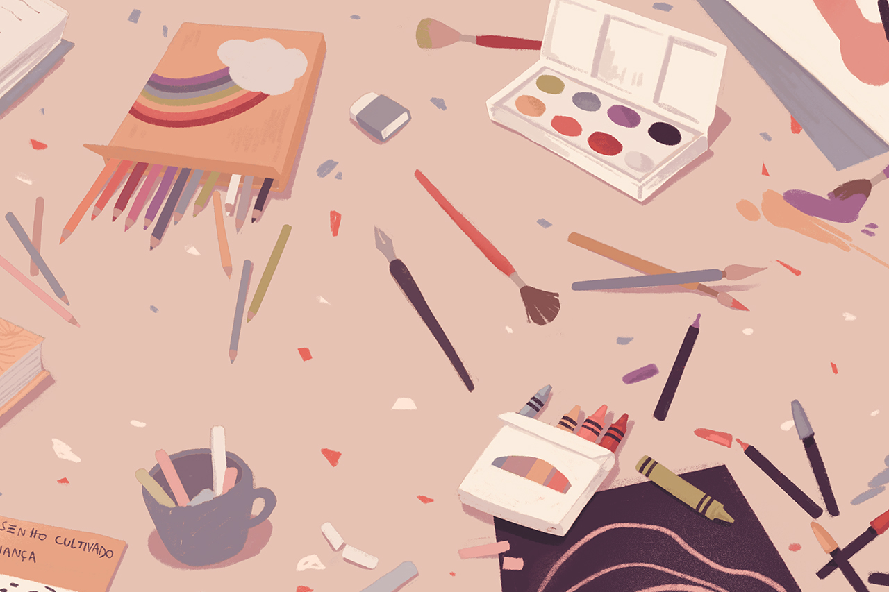 Ilustra&ccedil;&atilde;o de l&aacute;pis de cor, tinta guache e pinc&eacute;is sobre fundo s&oacute;lido.