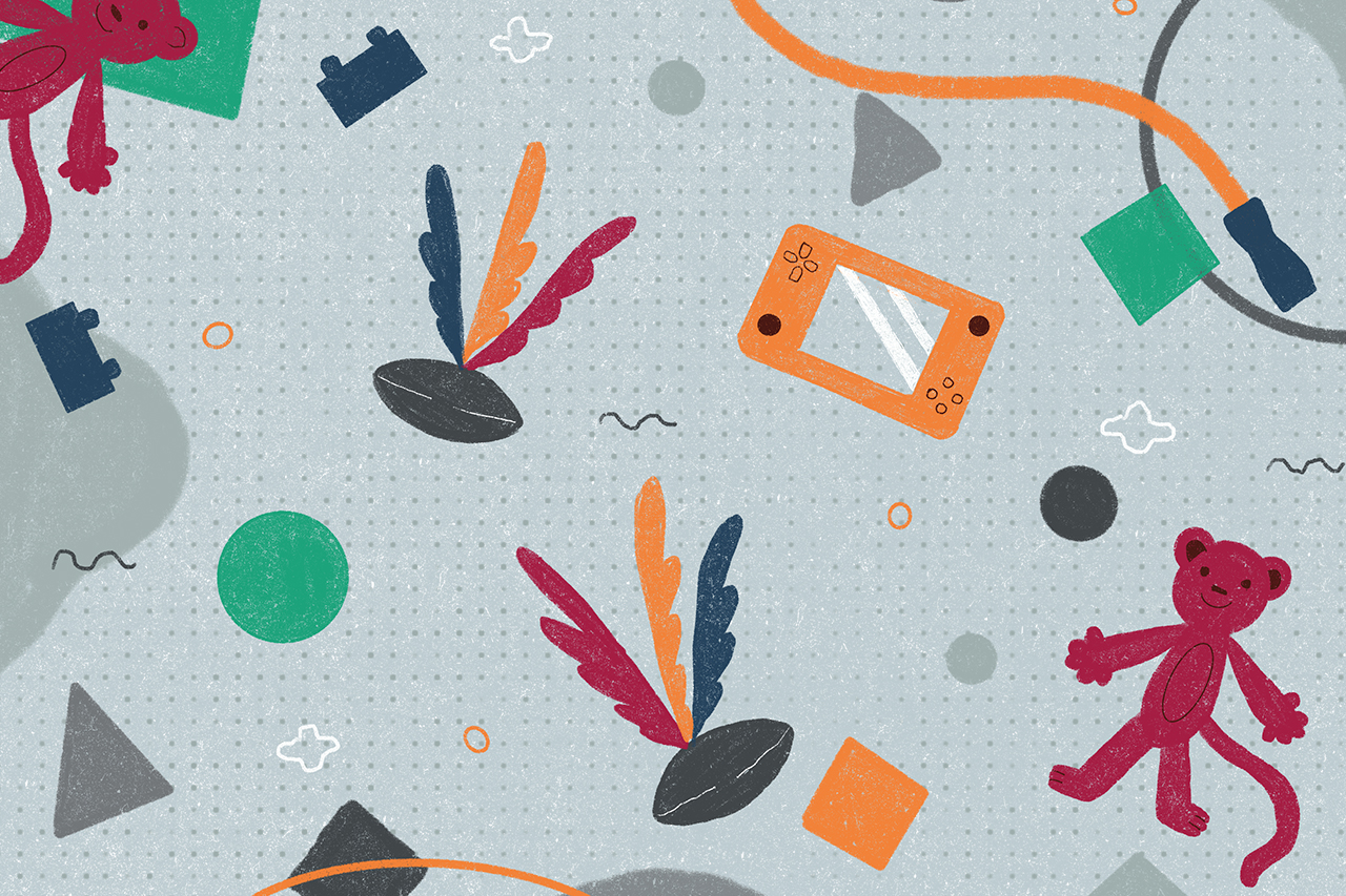 Ilustra&ccedil;&atilde;o de brinquedos e objetos infantis sobre uma mesa.