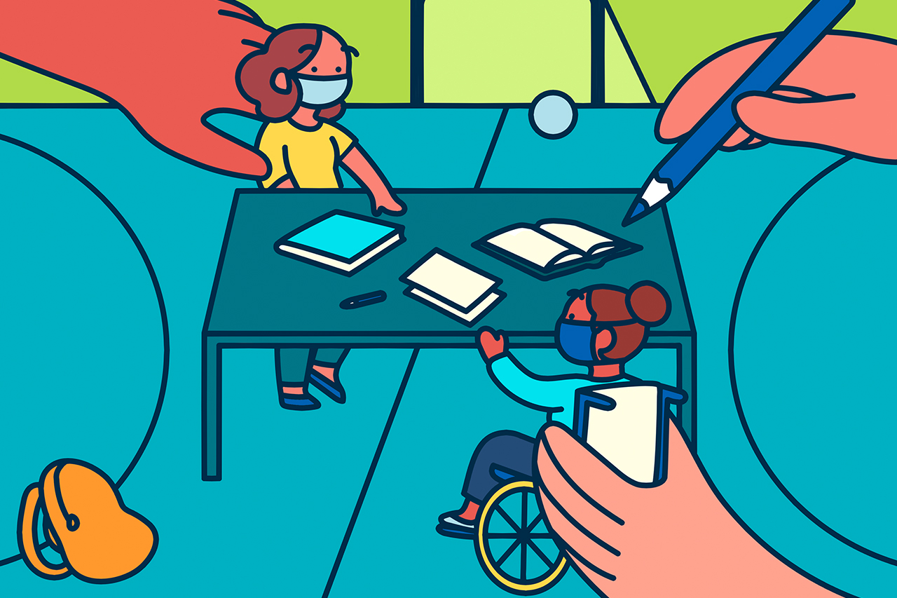 Ilustra&ccedil;&atilde;o abstrata de diretora em sala junto a pessoa em cadeira de rodas. Ao fundo &eacute; poss&iacute;vel ver traves e bola de futebol.