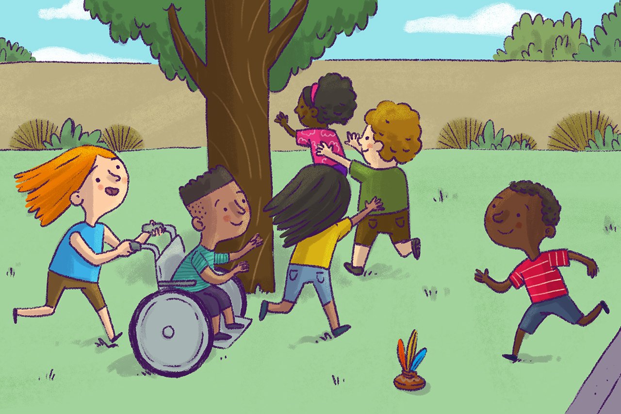 Ilustra&ccedil;&atilde;o de crian&ccedil;as brincando e correndo umas atr&aacute;s das outras, ao redor, brinquedos ind&iacute;genas como peteca.