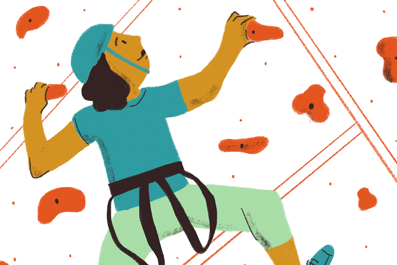 Ilustra&ccedil;&atilde;o de uma escaladora subindo em um percurso de escalada.