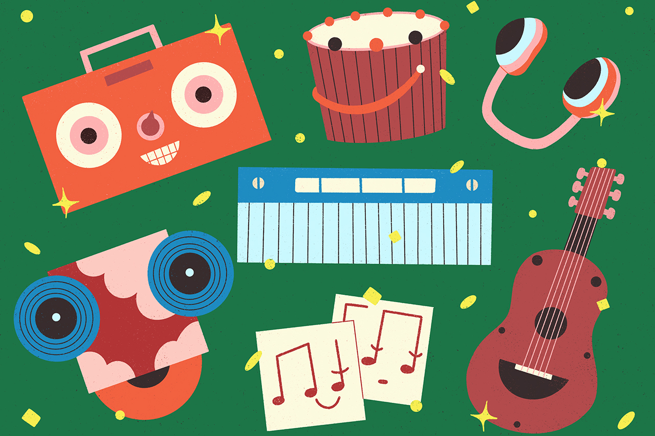 Ilustra&ccedil;&atilde;o instrumentos musicais e objetos para reprodu&ccedil;&atilde;o de sons.